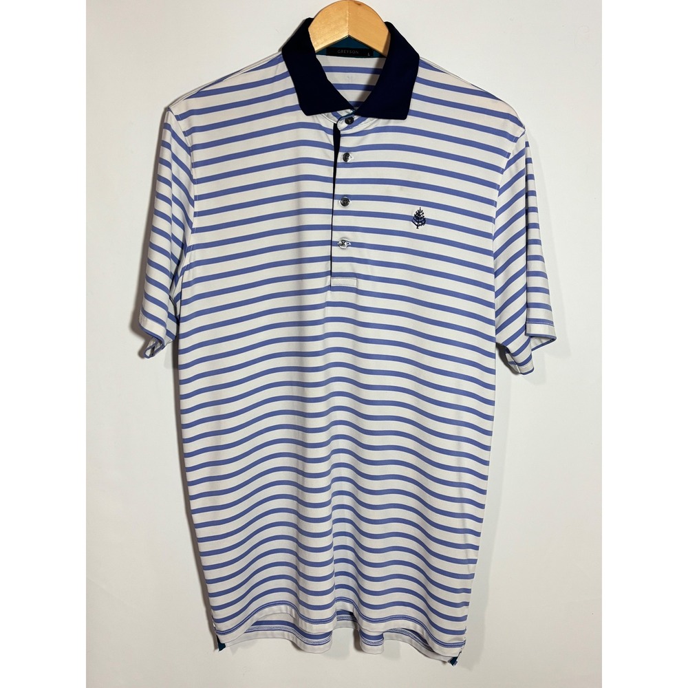 Greyson‎ Mens Striped Golf Polo Shirt Blue White Short Sleeve Wolf Logo Large